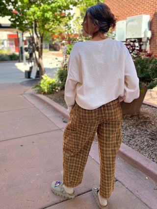 Olive Plaid Pattern Woven Barrel Pants