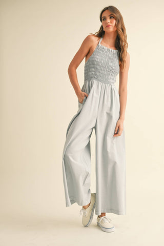 Smocked Halter Chambray Jumpsuit