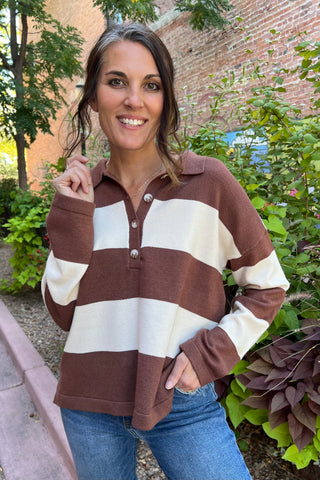 Brown Striped Sweater With Polo Collar