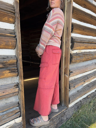 Boho Red Mineral-Washed Terry Knit Cargo Pants