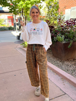 Olive Plaid Pattern Woven Barrel Pants