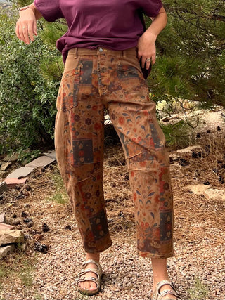 Folk Floral Print Twill Barrel Pants