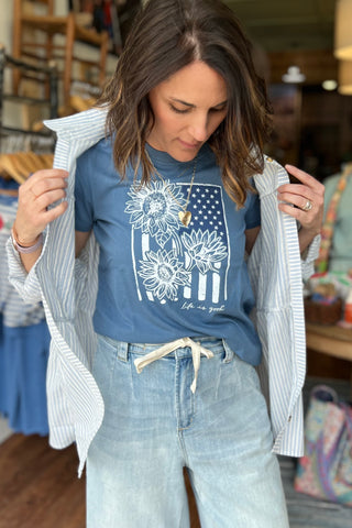 Women's Life Is Good Sunflower Flag Short Sleeve Tee