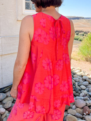 Red Orange Floral-Print Sleeveless A-Line Tunic Top