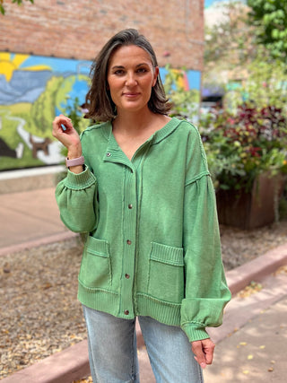 Green Button Down Washed Terry Jacket