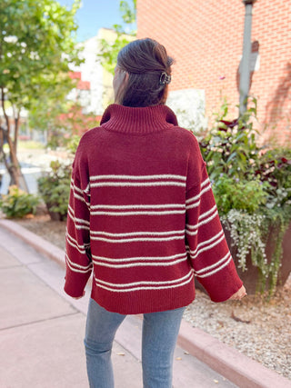 Burgundy Striped Knit Quarter-Zip Sweater