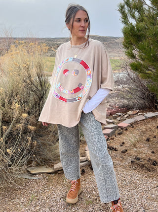 Mushroom All Smiles Patchwork Applique Oversized Top