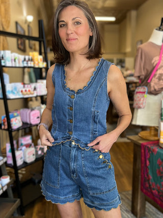 Scallop Trim Stretch Denim Vest