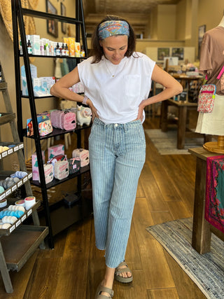 High Rise Striped Raw Hem Barrel Jeans