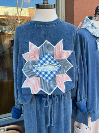 Navy Quilt Piece with Fish Oversized Sweatshirt
