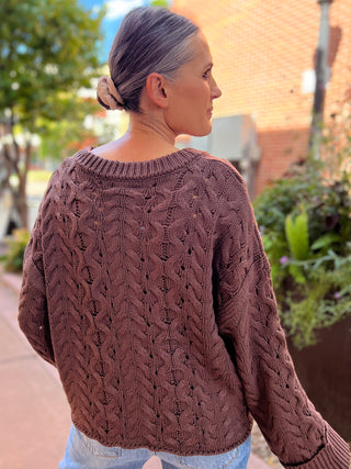 Chocolate Cable-Knit Half-Zip Cuffed Sweater