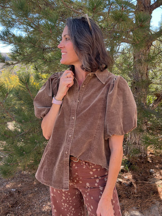Mocha Bubble-Sleeve Baby Corduroy Blouse