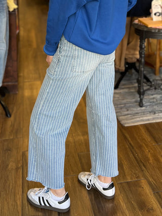 High Rise Striped Raw Hem Barrel Jeans