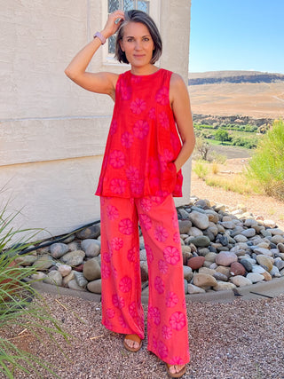 Red Orange Floral-Print Sleeveless A-Line Tunic Top