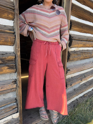 Boho Red Mineral-Washed Terry Knit Cargo Pants