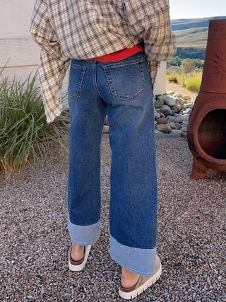 Dark Wash Two Toned Hem Seamed Wide Leg
