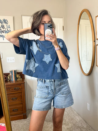 Denim Blue Raw Edge Star Patch Top