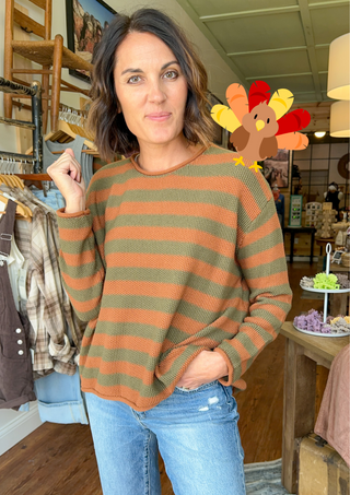 Rust Olive Casual Striped Sweater