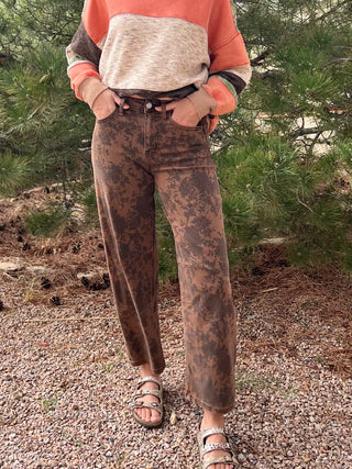 Brown Floral Denim Barrel Pants