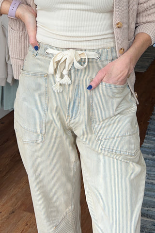 Stripe Cotton Denim Pants with Cotton Belt