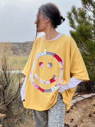 Yellow All Smiles Patchwork Applique Oversized Top