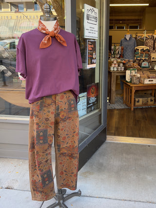Folk Floral Print Twill Barrel Pants
