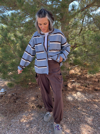 Blue Heathered Stripe Knit Cardigan Sweater
