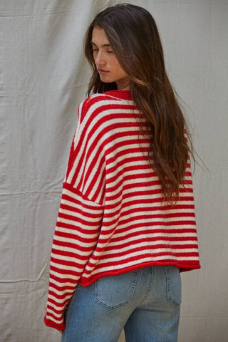 Red Striped Knit Sweater Cardigan