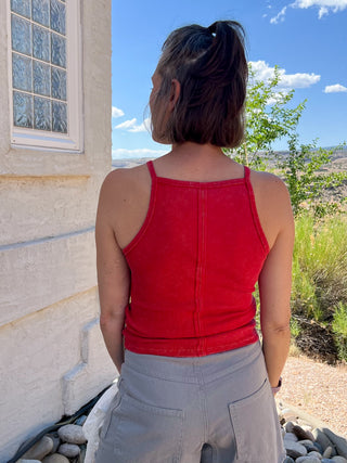 Red Square Neck Acid Wash Tank Top
