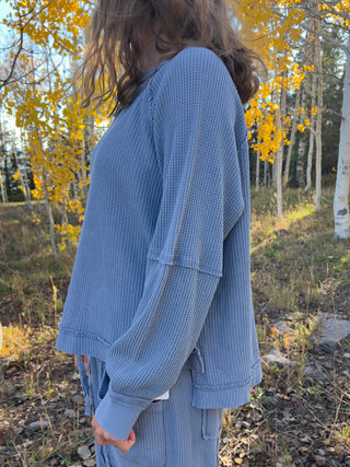 Dusty Blue Mineral Washed Waffle Raglan Top