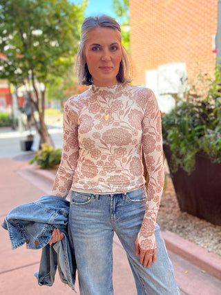 Floral-Print Mesh Mock-Neck Raglan Top