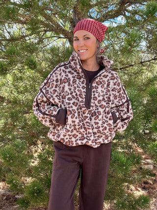 Leopard Print Sherpa Quarter Zip Jacket