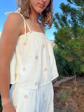 Sunset Field Embroidered Cotton Gauze Tank Top