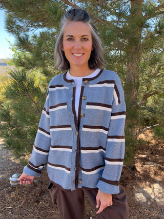 Blue Heathered Stripe Knit Cardigan Sweater