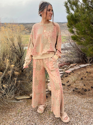 Floral Patchwork Print Washed Terry Pullover