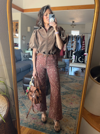 Mocha Bubble-Sleeve Baby Corduroy Blouse