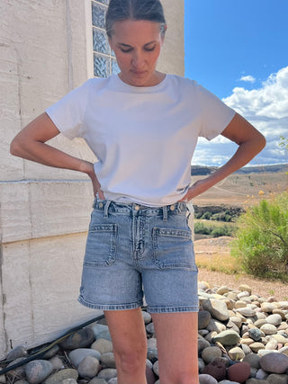 High Rise Tabbed Front Pocket Jean Shorts