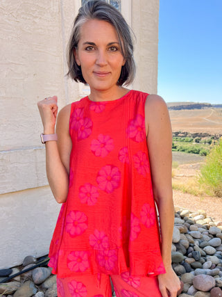 Red Orange Floral-Print Sleeveless A-Line Tunic Top