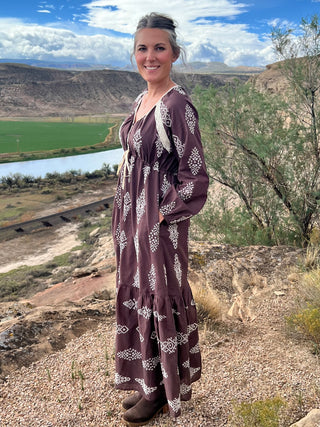 Brown Embroidered Lace Trim Maxi Dress
