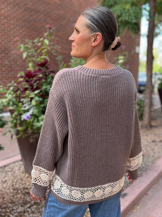 Mocha Crochet Hem Knit Sweater