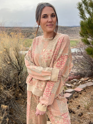 Floral Patchwork Print Washed Terry Pullover