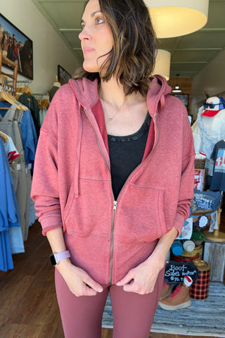 Fleece Hoodie Jacket with Tapered Sleeves in Red Pear