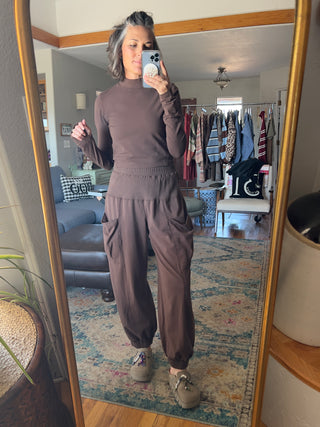 Mocha Cotton Lycra Mock Neck Crop Long Sleeve