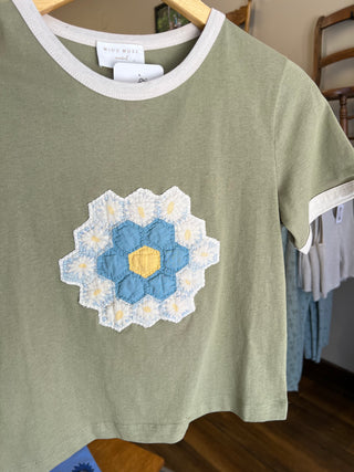 Green Fig Quilt Piece Short Sleeve Ringer Tee