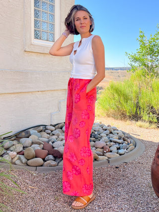 Red Orange Floral-Print Wide-Leg Drawstring Pocket Pants