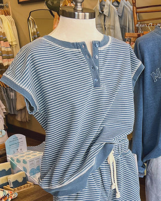 Stripe Short Sleeve Henley Knit Top
