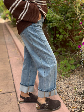 High Rise Cuffed Barrel Leg Jean