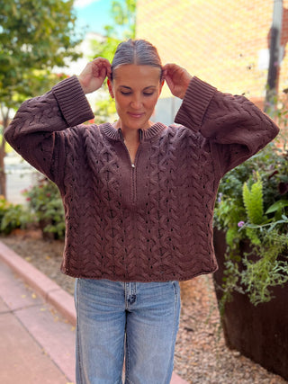 Chocolate Cable-Knit Half-Zip Cuffed Sweater