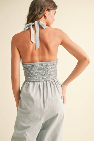 Smocked Halter Chambray Jumpsuit