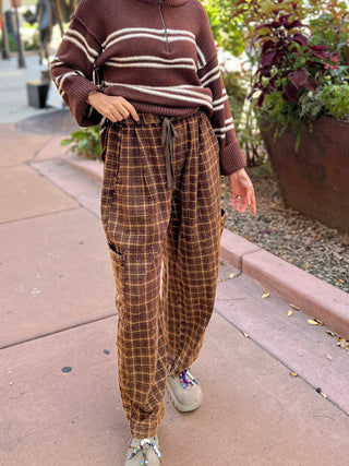Brown Plaid Pattern Woven Barrel Pants